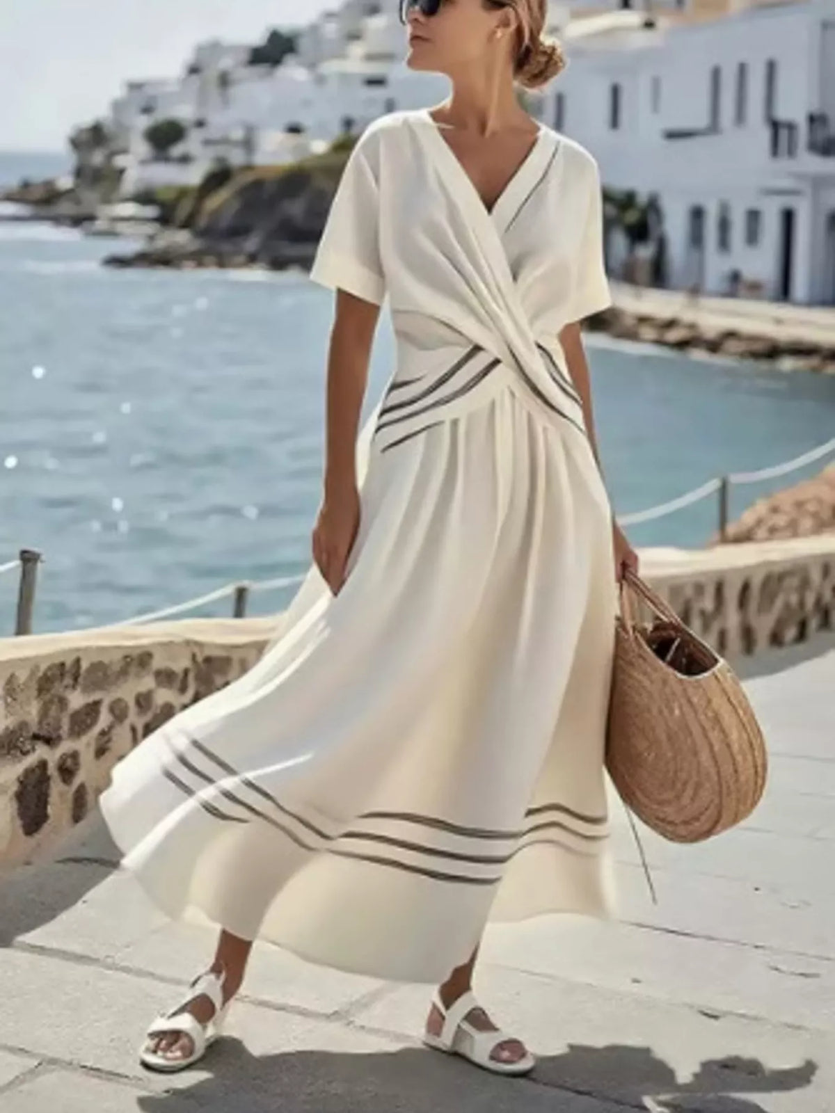 Cream surplice midi dress with subtle navy stripe accents, short sleeves, wrap tie waist
