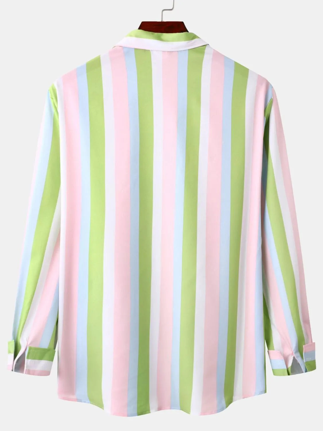 Men's striped long sleeve button-up shirt with back yoke, pastel green and pink stripes