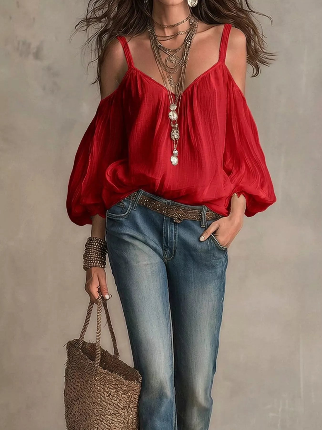 Red cold-shoulder balloon sleeve blouse with thin straps and tassel V-neck