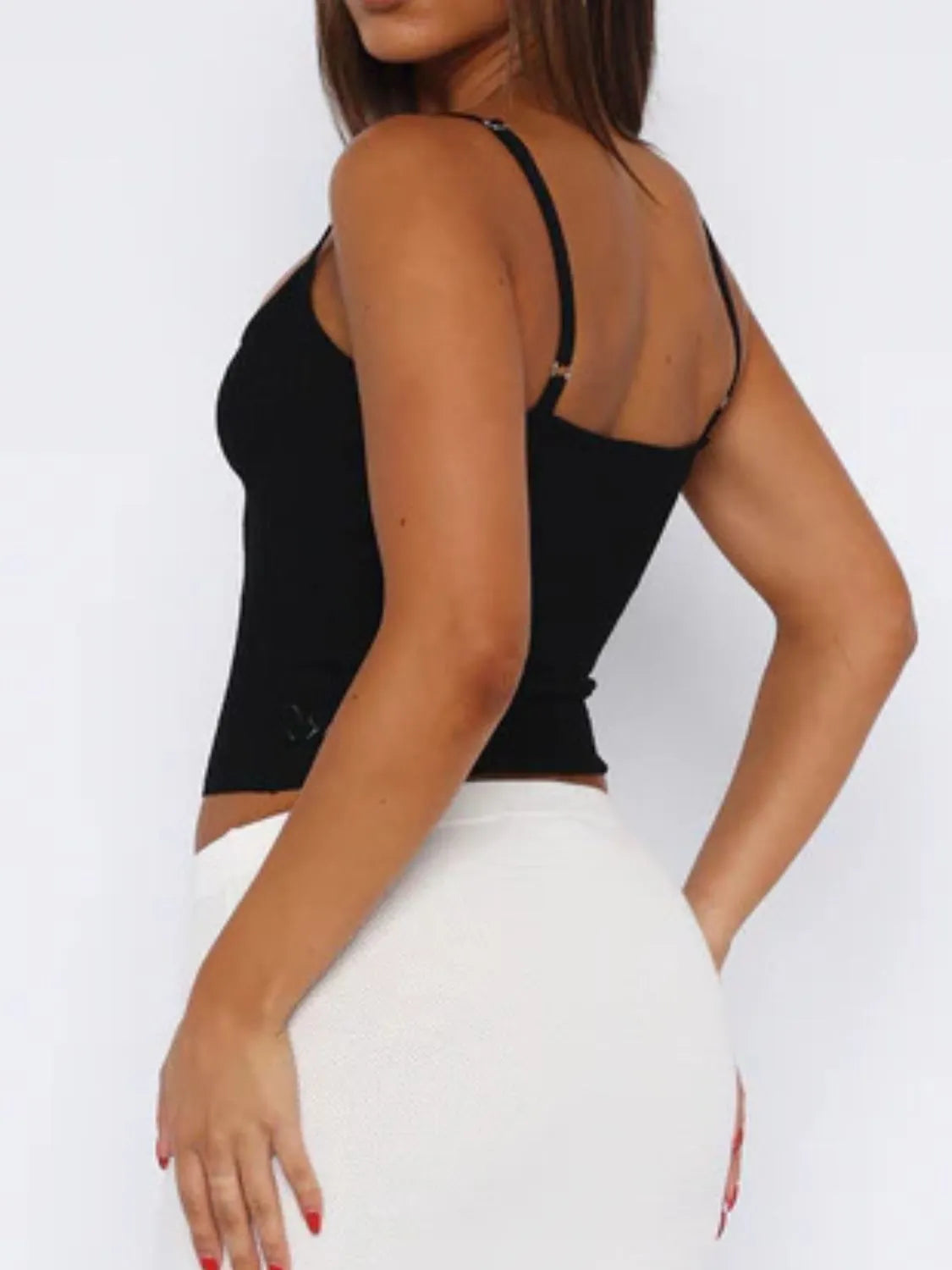 Lace square-neck cami in black with thin spaghetti straps and lace texture