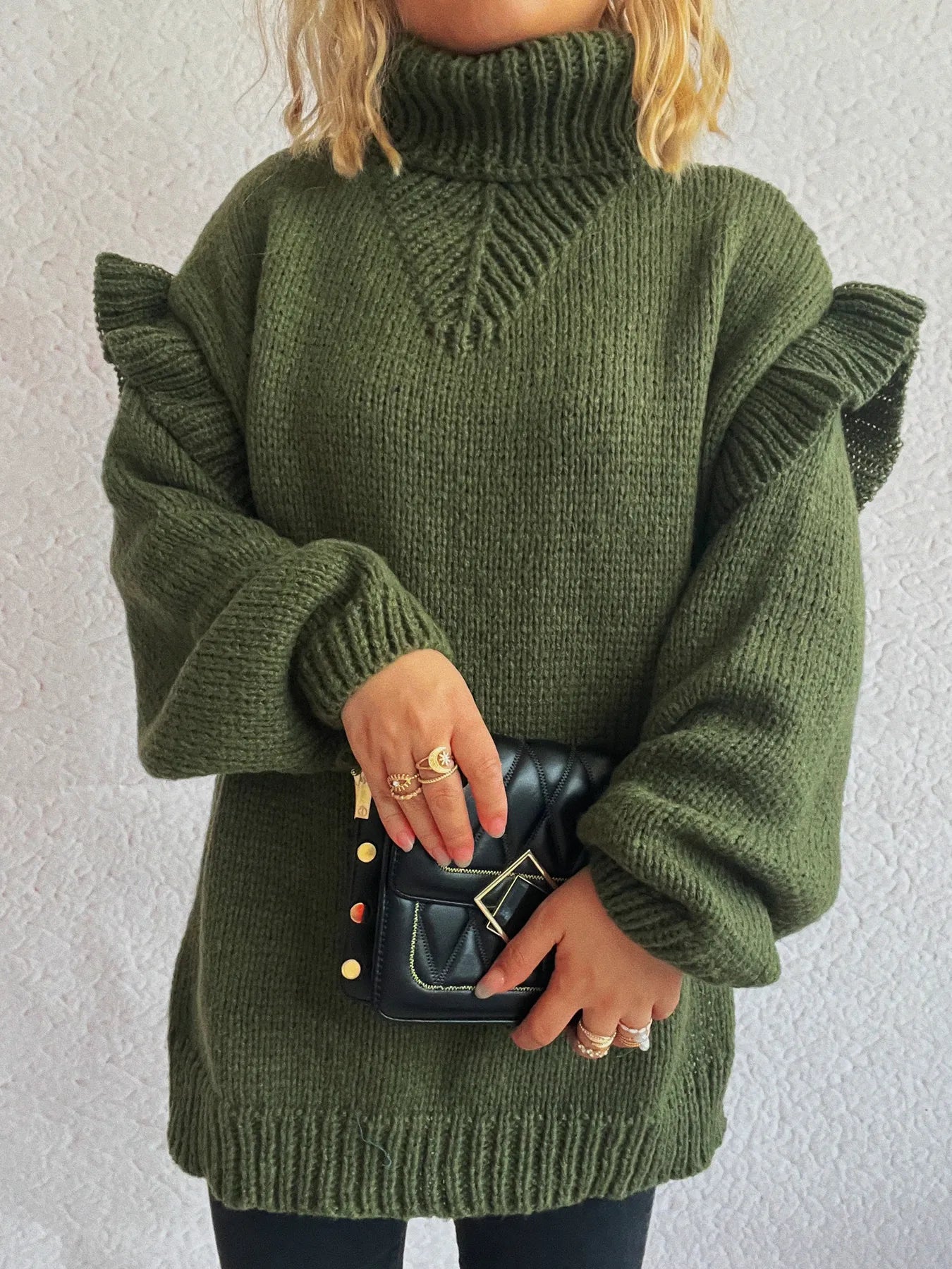 Ruffled turtleneck knit sweater, dark green, long sleeves and ribbed collar
