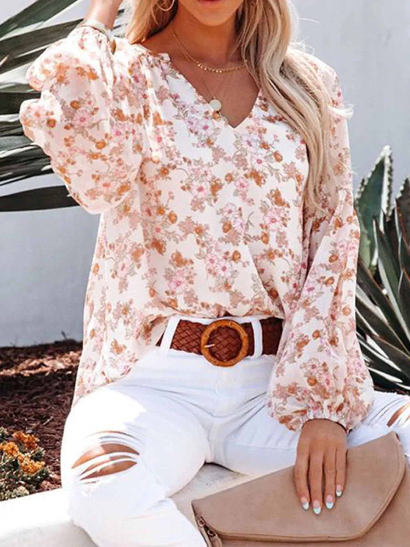 Cedar & Moore Floral print V-neck long sleeve blouse, cream with pink/orange flowers, plus size