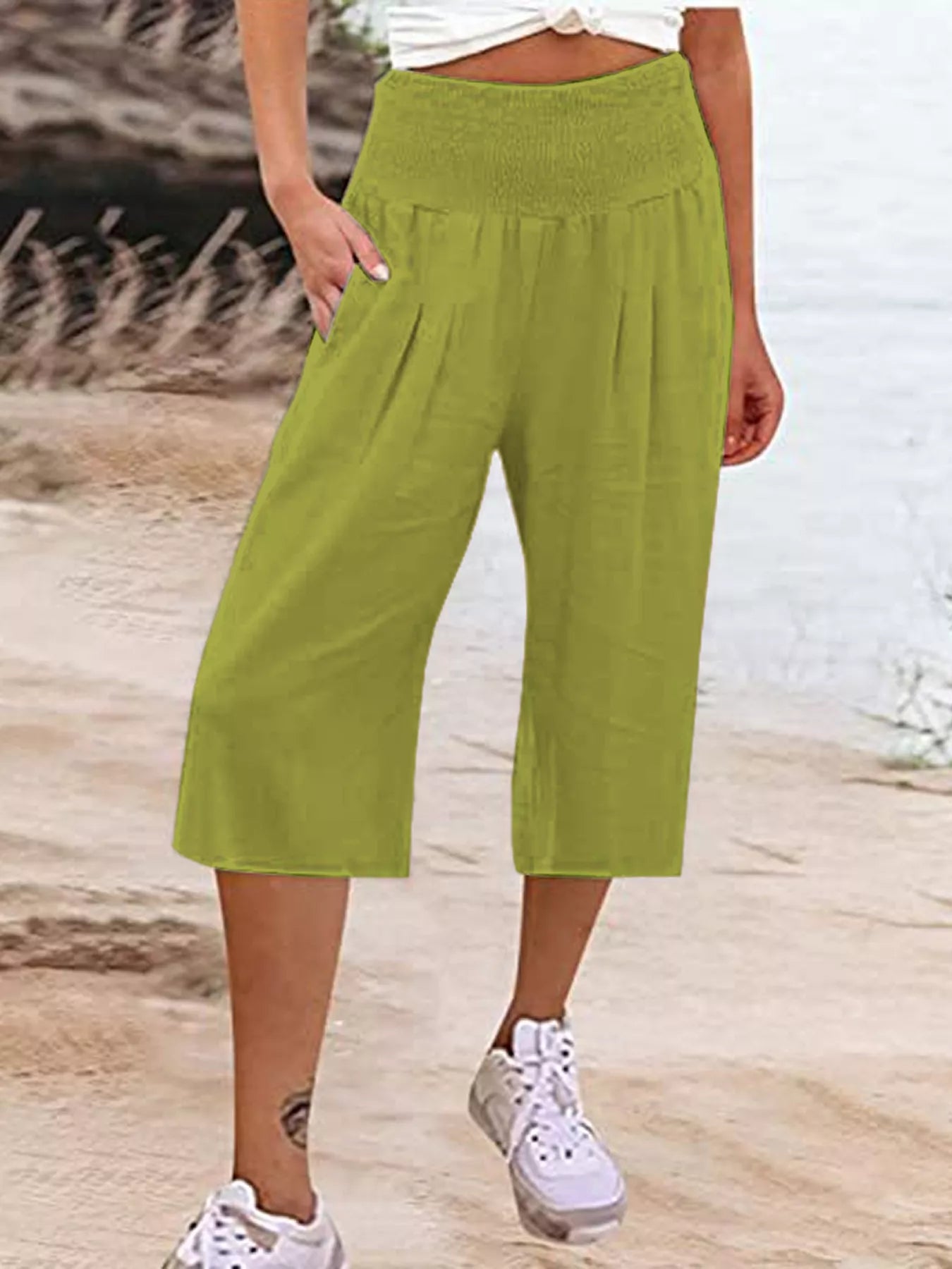 Smocked wide-leg capri pants in lime green with elastic smocked waistband
