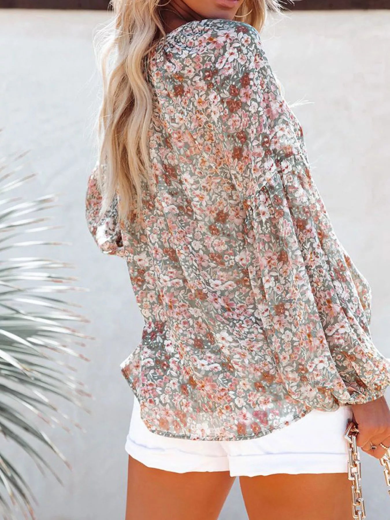 Cedar & Moore Floral print V-neck long sleeve blouse, sage green with pink blooms, plus size