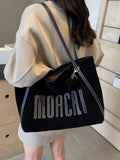 Casual Letter Shoulder Bag in black with bold embroidered lettering, medium size