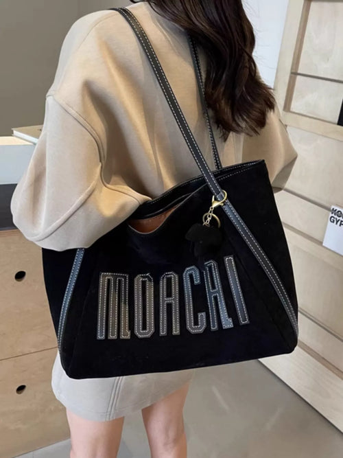 Casual Letter Shoulder Bag in black with bold embroidered lettering, medium size