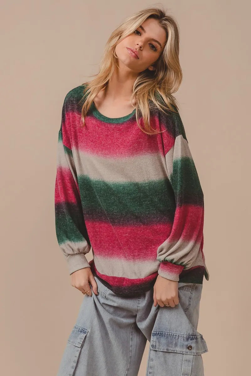 Striped knit top with crew neck, long sleeves; soft gradient bands in fuchsia and green