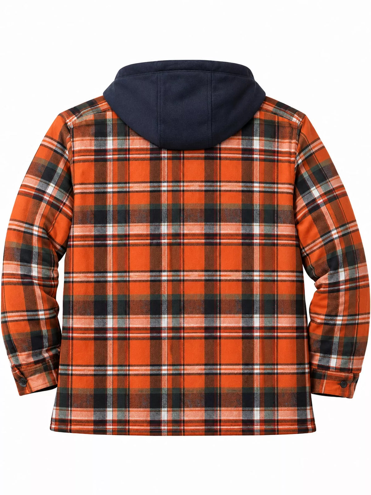Men's orange plaid hooded quilted jacket back view with navy hood and quilted lining