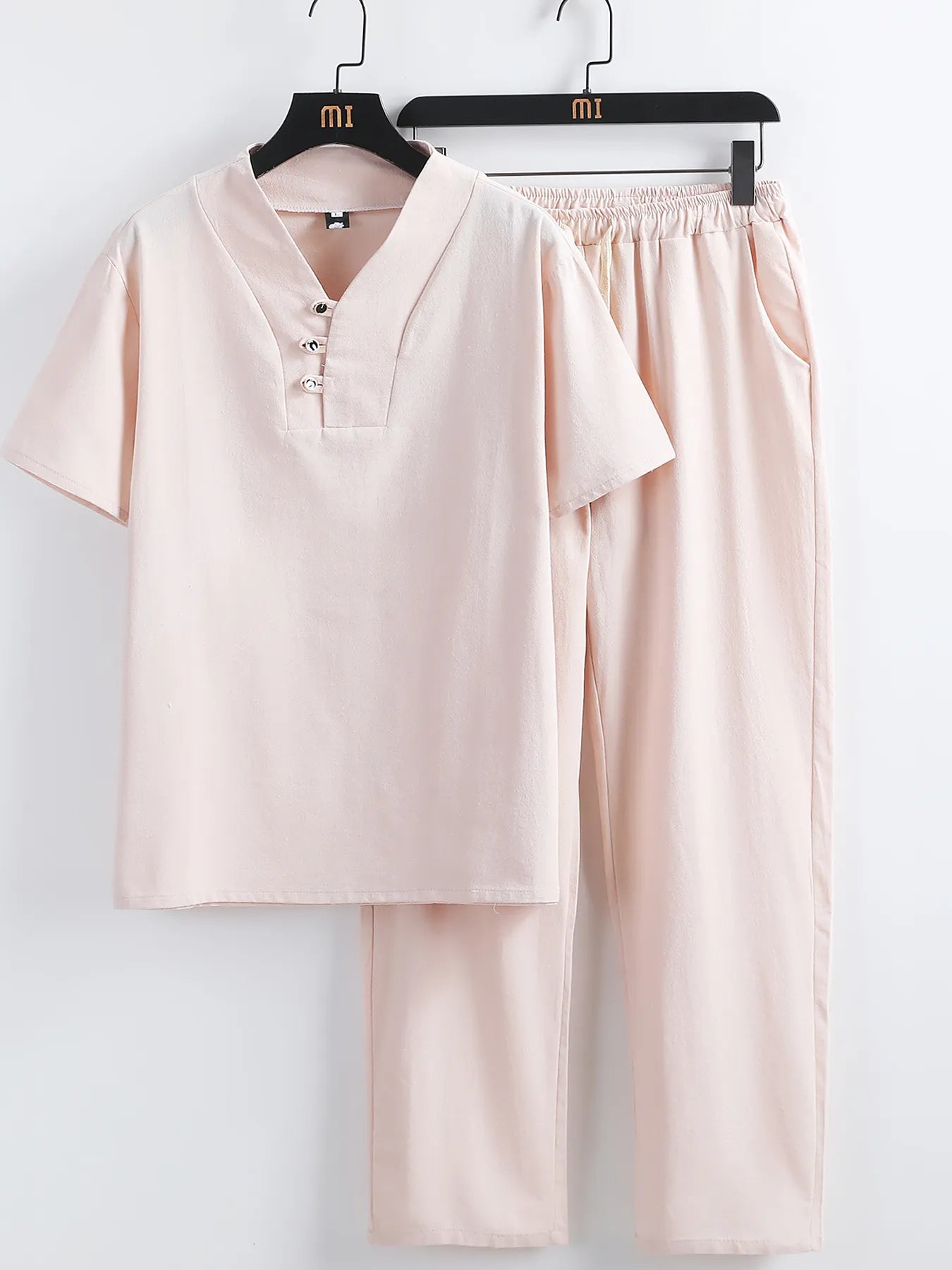 Apricot V-neck short-sleeve top with button placket and matching elastic-waist pants