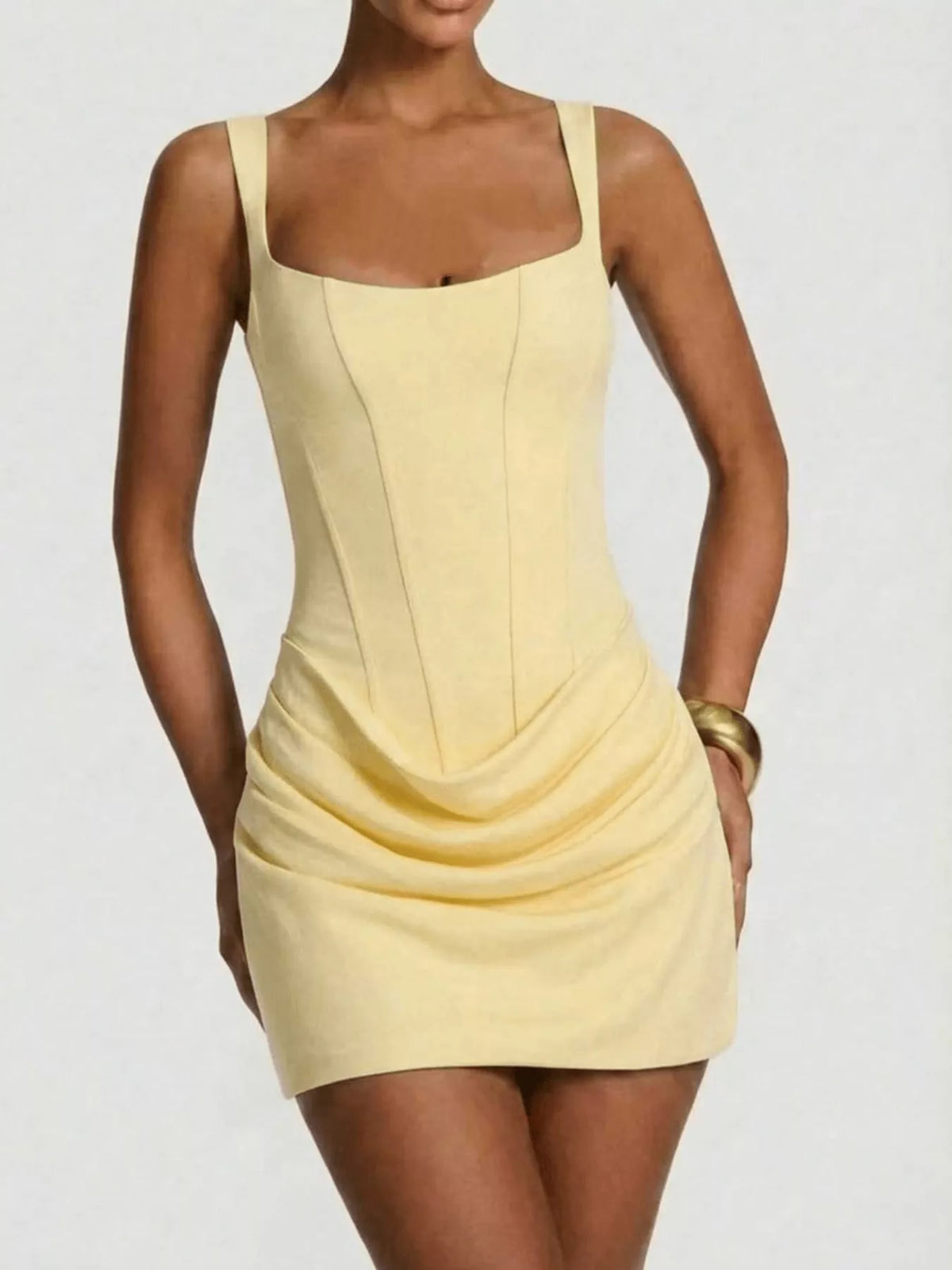 Light yellow corset mini dress with square neckline and ruched waist