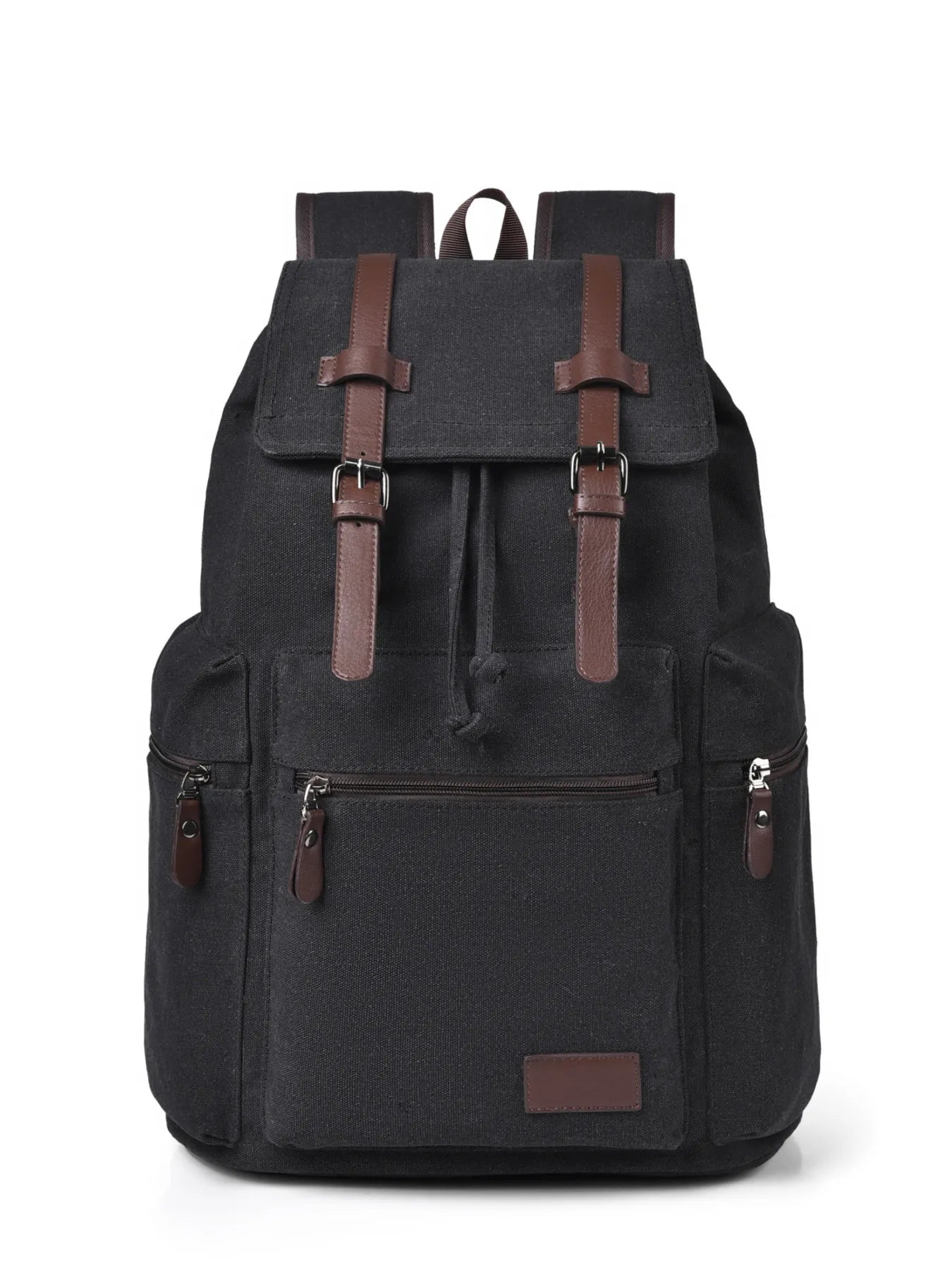 Black canvas backpack with top flap, buckle straps, front zip pocket, and side tabs