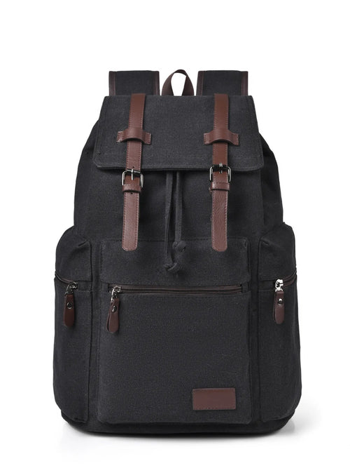 Black canvas backpack with top flap, buckle straps, front zip pocket, and side tabs