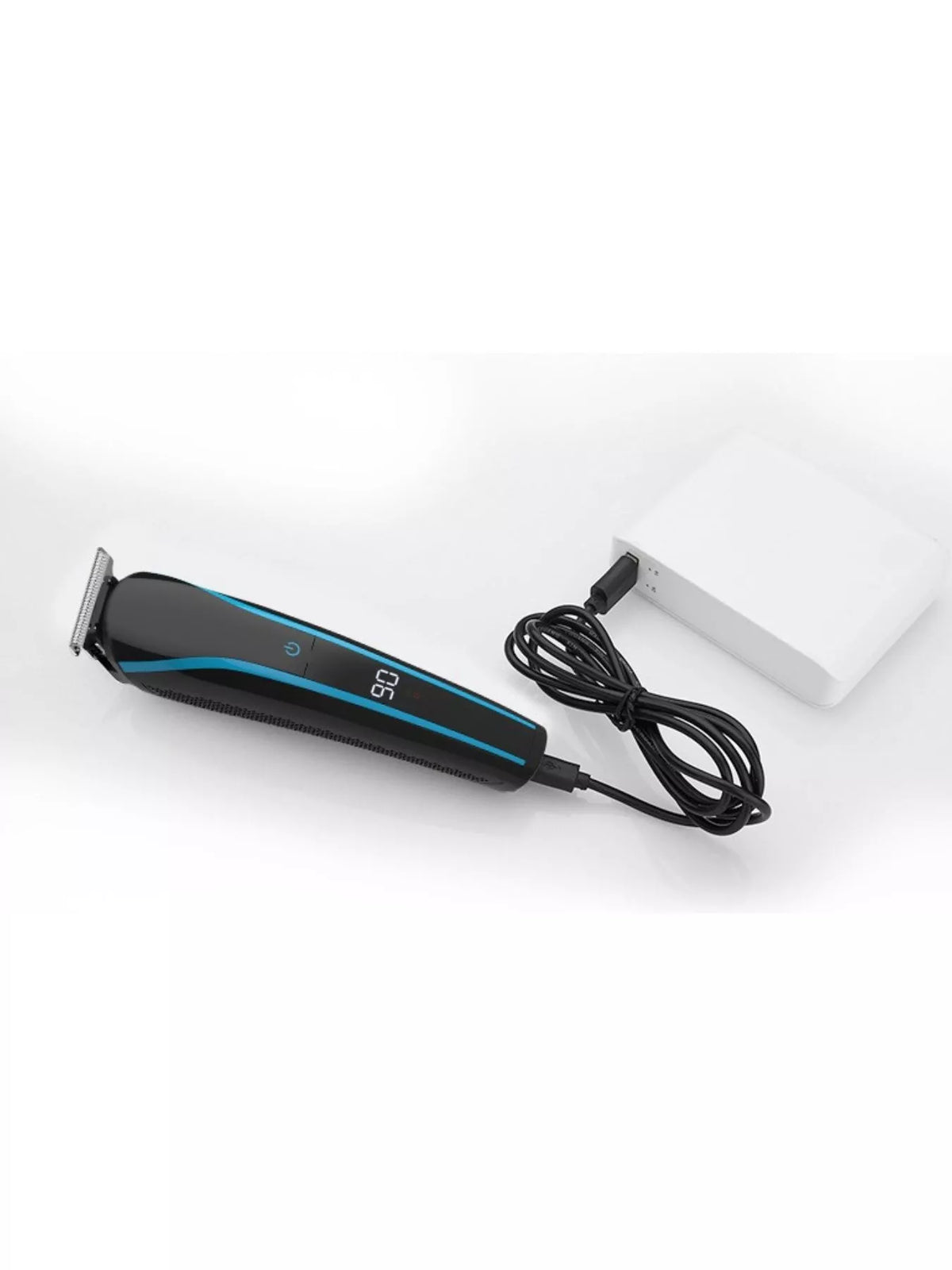 Cordless hair clipper with sky blue trim and power cord with adapter