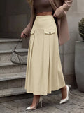 Khaki high-waist pleated midi skirt with front zipper and flap pockets