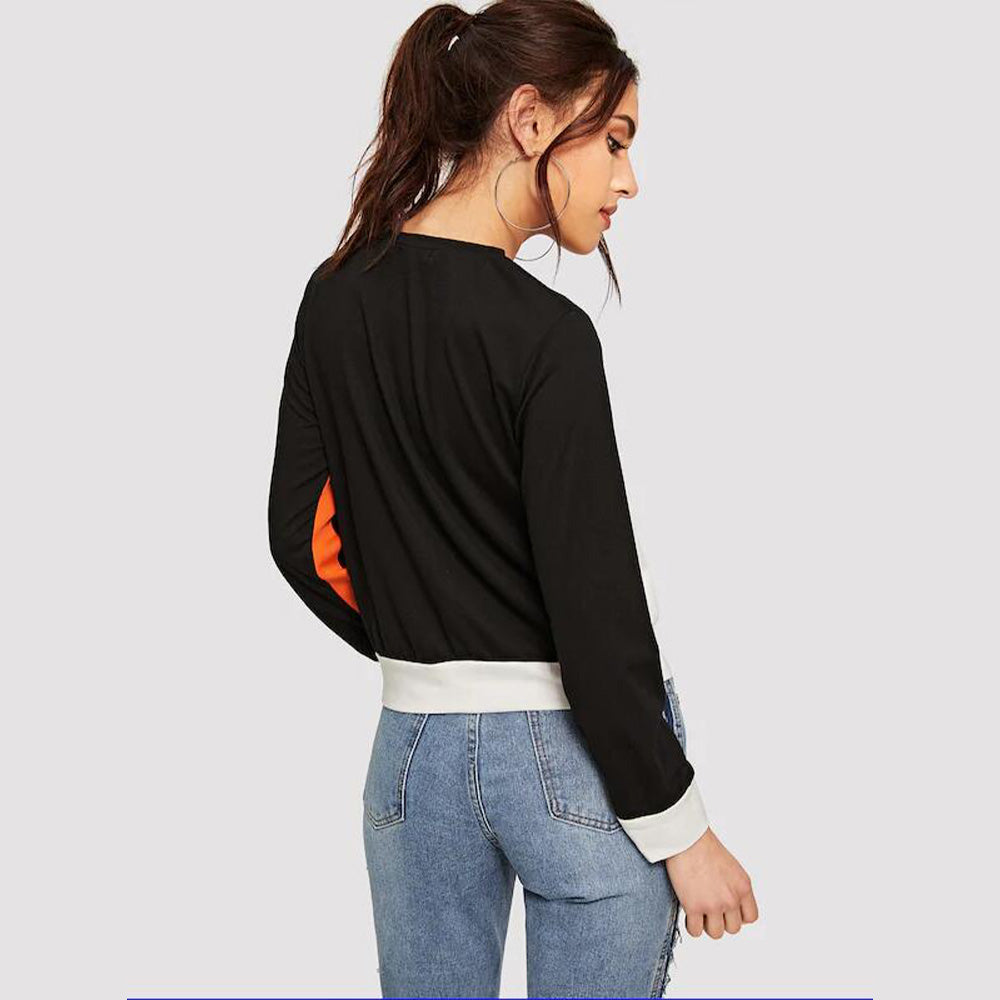Cedar & Moore Shiny Color Block Round Neck Long Sleeve Tee, black with orange underarm panel and white hem
