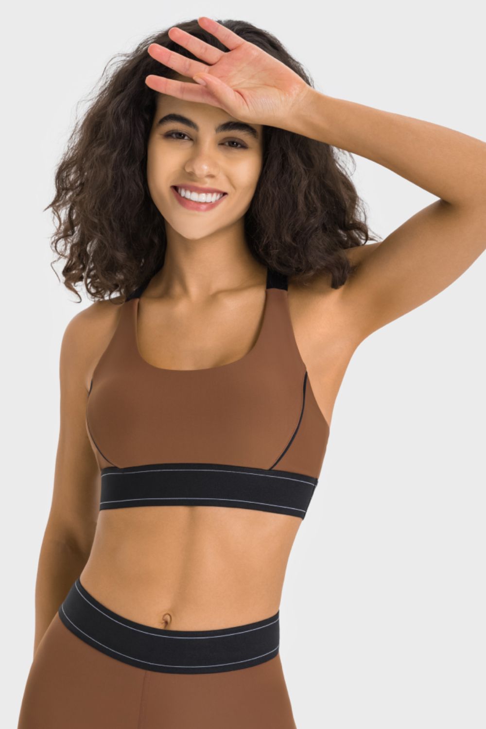 Chocolate contrast sports bra with black trim band and racerback straps