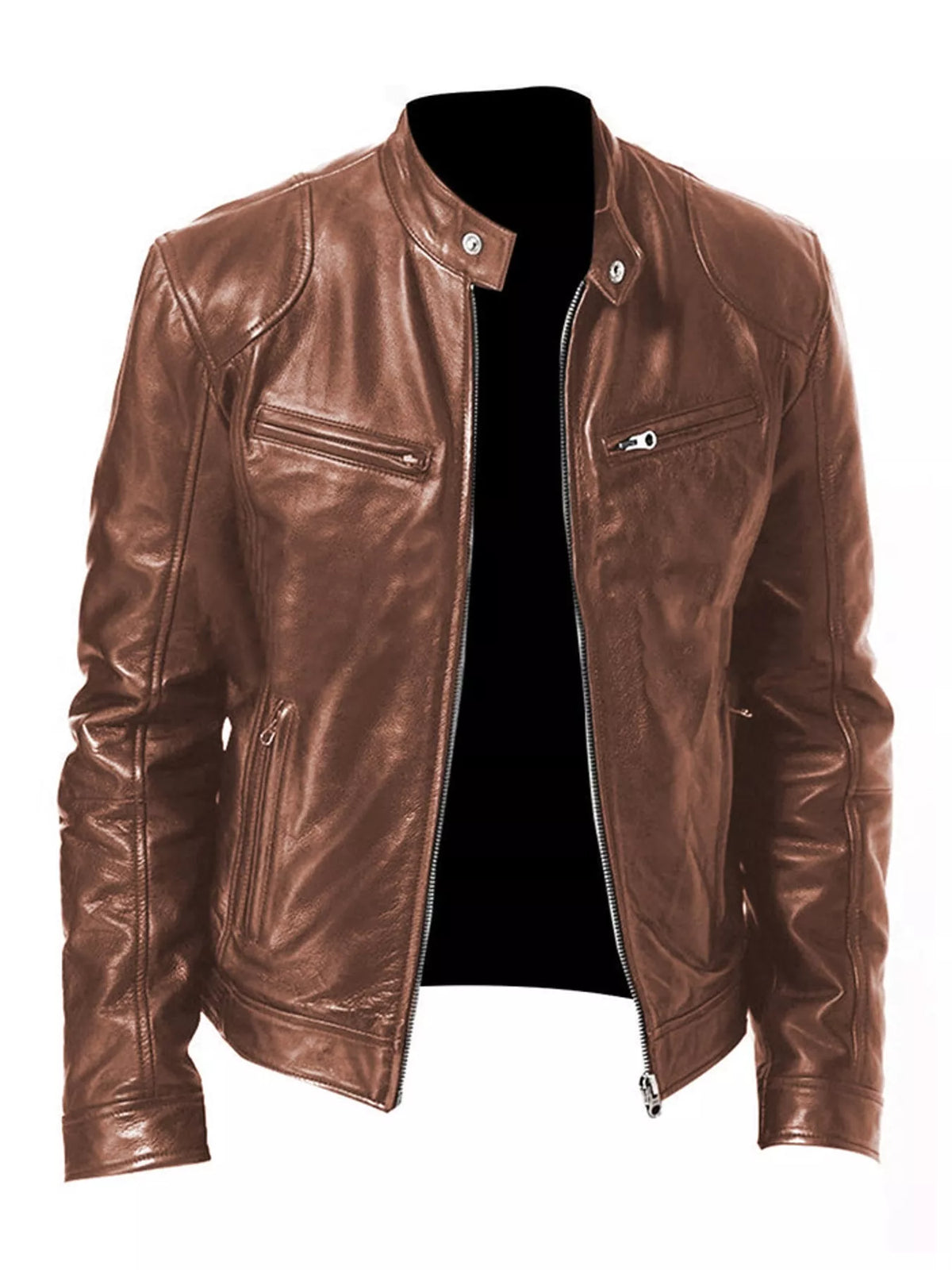 Men's zip-up vegan leather jacket in medium brown with stand collar and chest pocket