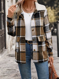 Camel plaid button-up jacket with sherpa-style collar and chest pockets