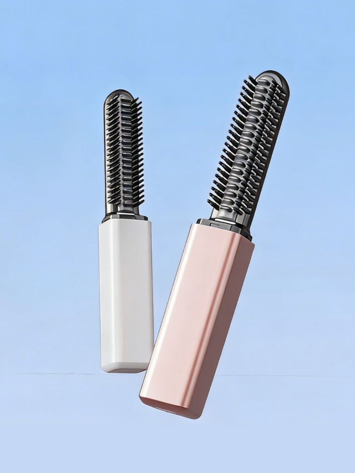 Two rechargeable hair straightening combs: ivory and rose-gold bodies with black heated teeth