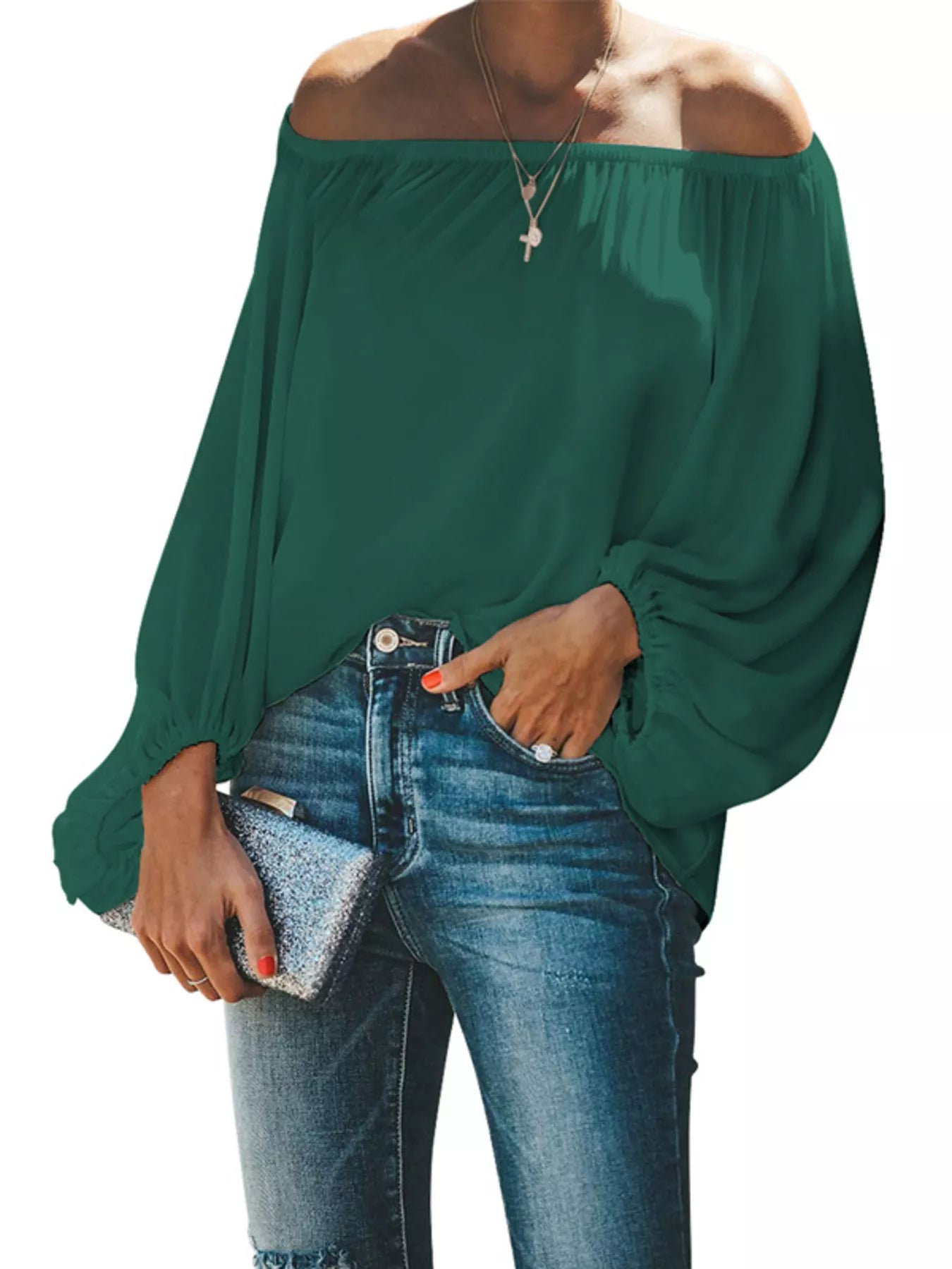 Cedar & Moore: Off-shoulder balloon-sleeve blouse in green, Trendsi, plus size