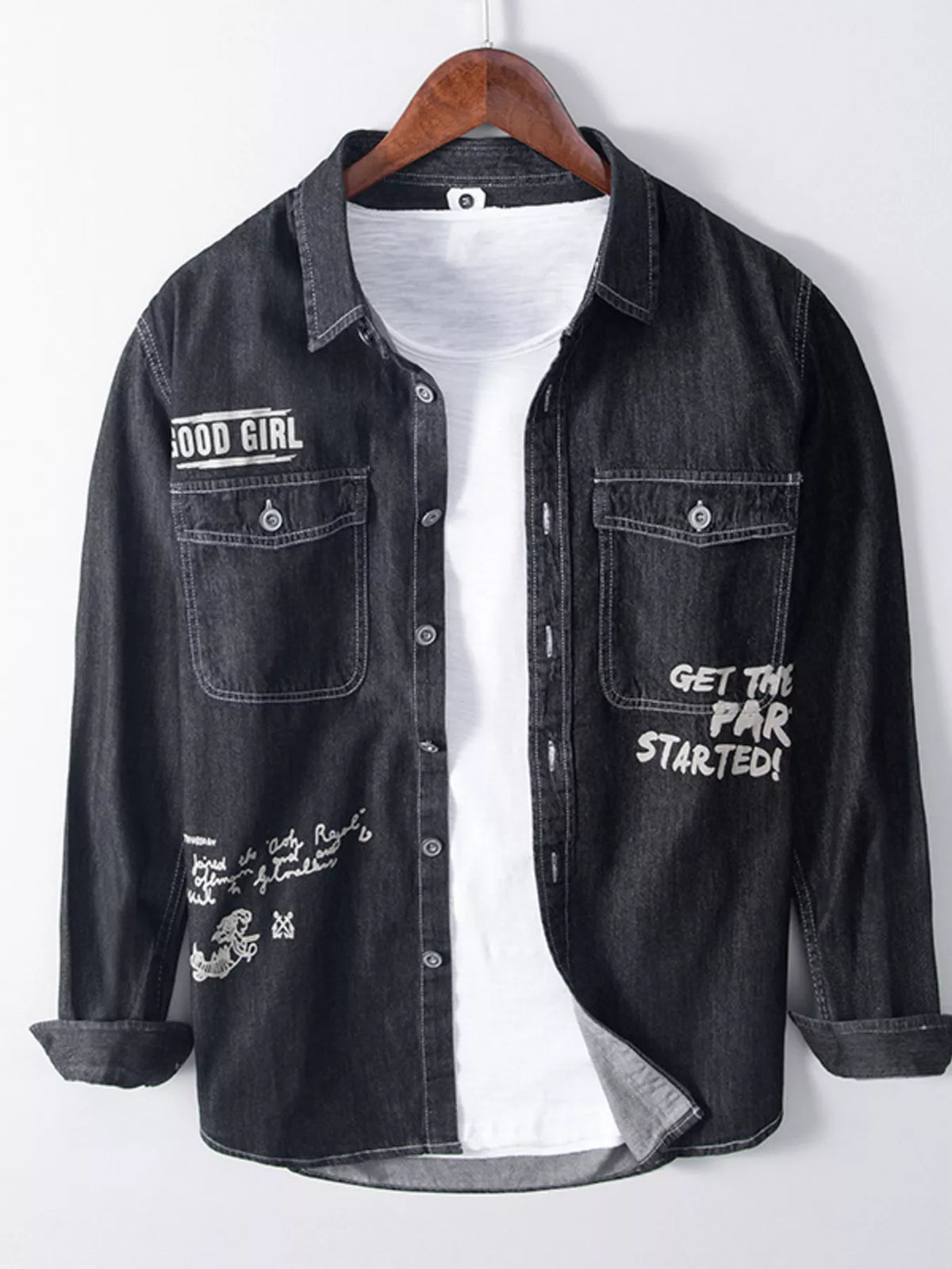 Black denim button-up shirt with front letter graphic and chest pockets