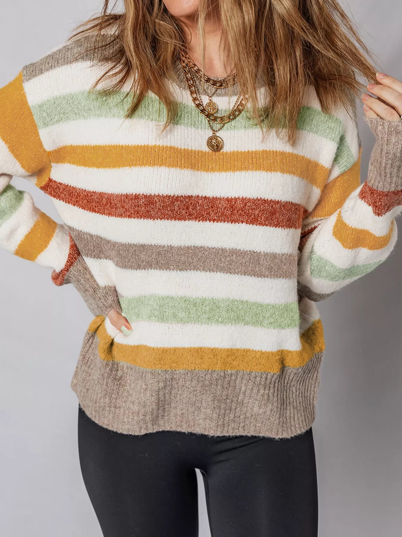 Multicolour striped crew neck drop-shoulder sweater with ribbed cuffs and banded pattern