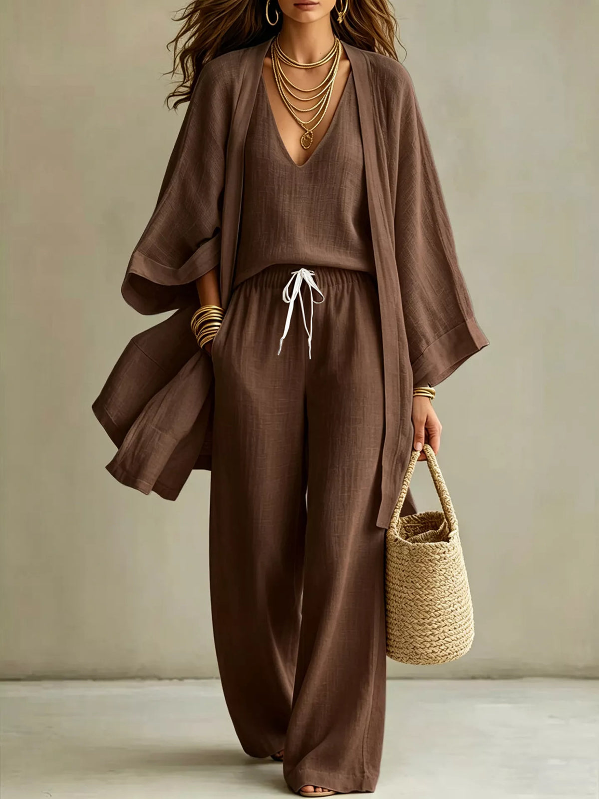 Three-piece outfit set in dark brown: V-neck top, drawstring wide-leg pants, open cardigan