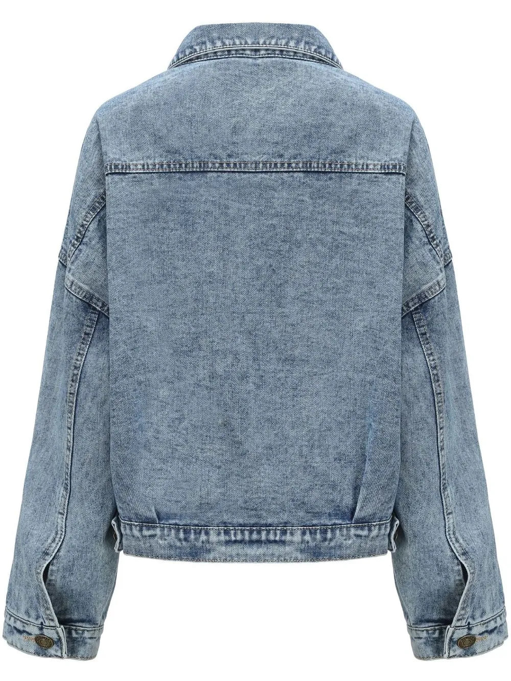 Light-wash denim drop-shoulder button jacket, back view with yoke and hem buttons