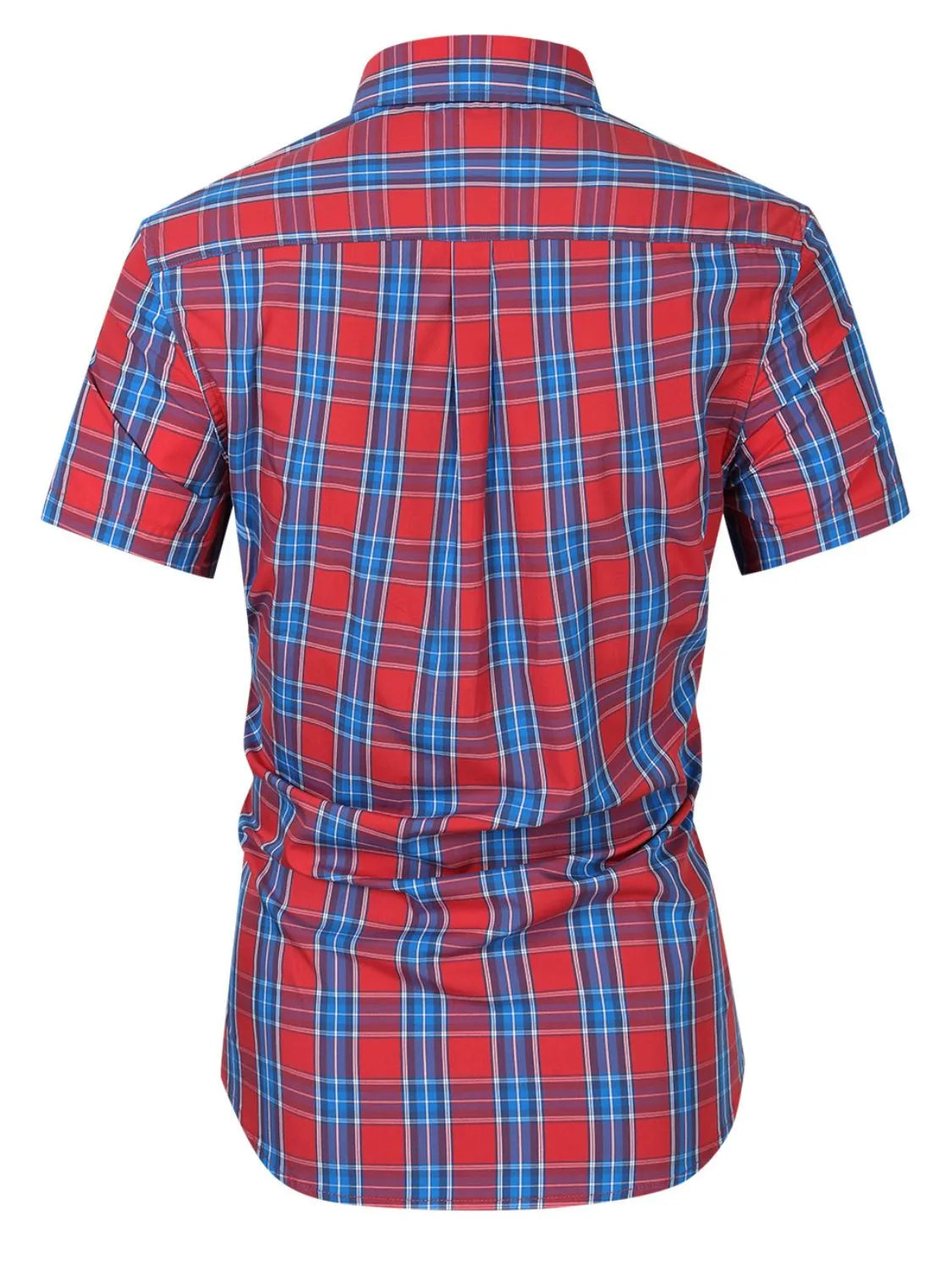 Red and blue plaid short-sleeve collared button-up shirt, back view