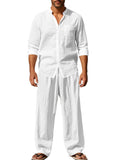 White button-up shirt and pants set, back view with 3/4 sleeves and front buttons