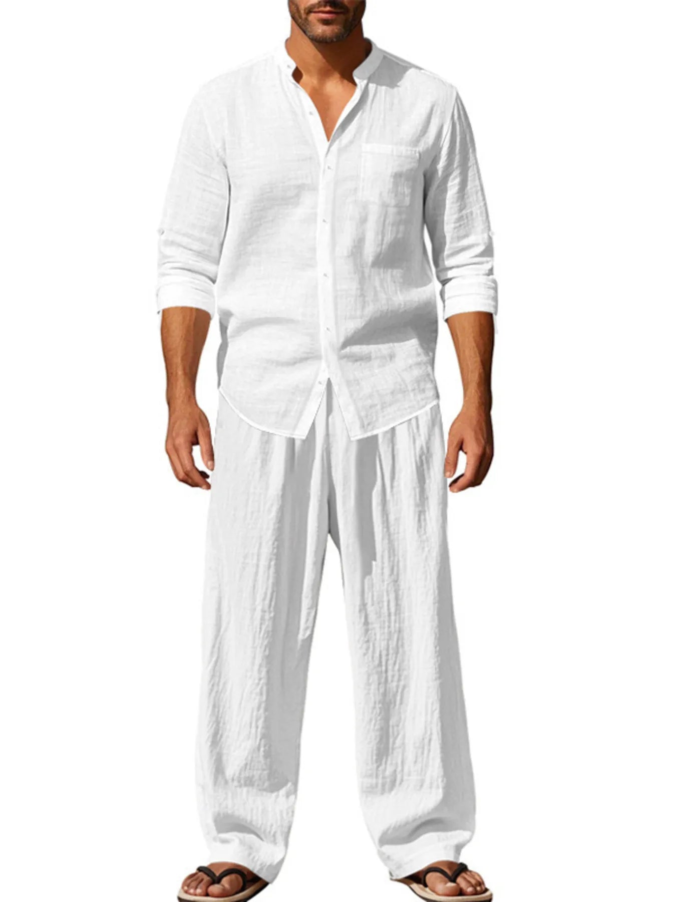White button-up shirt and pants set, back view with 3/4 sleeves and front buttons