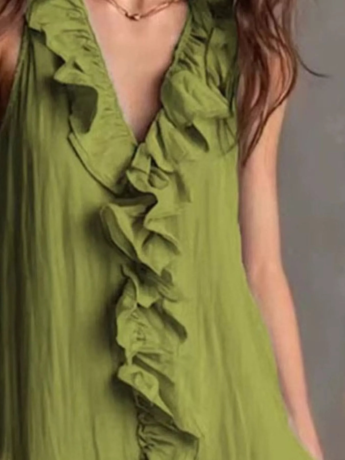Army green sleeveless V-neck ruffle front midi dress detail