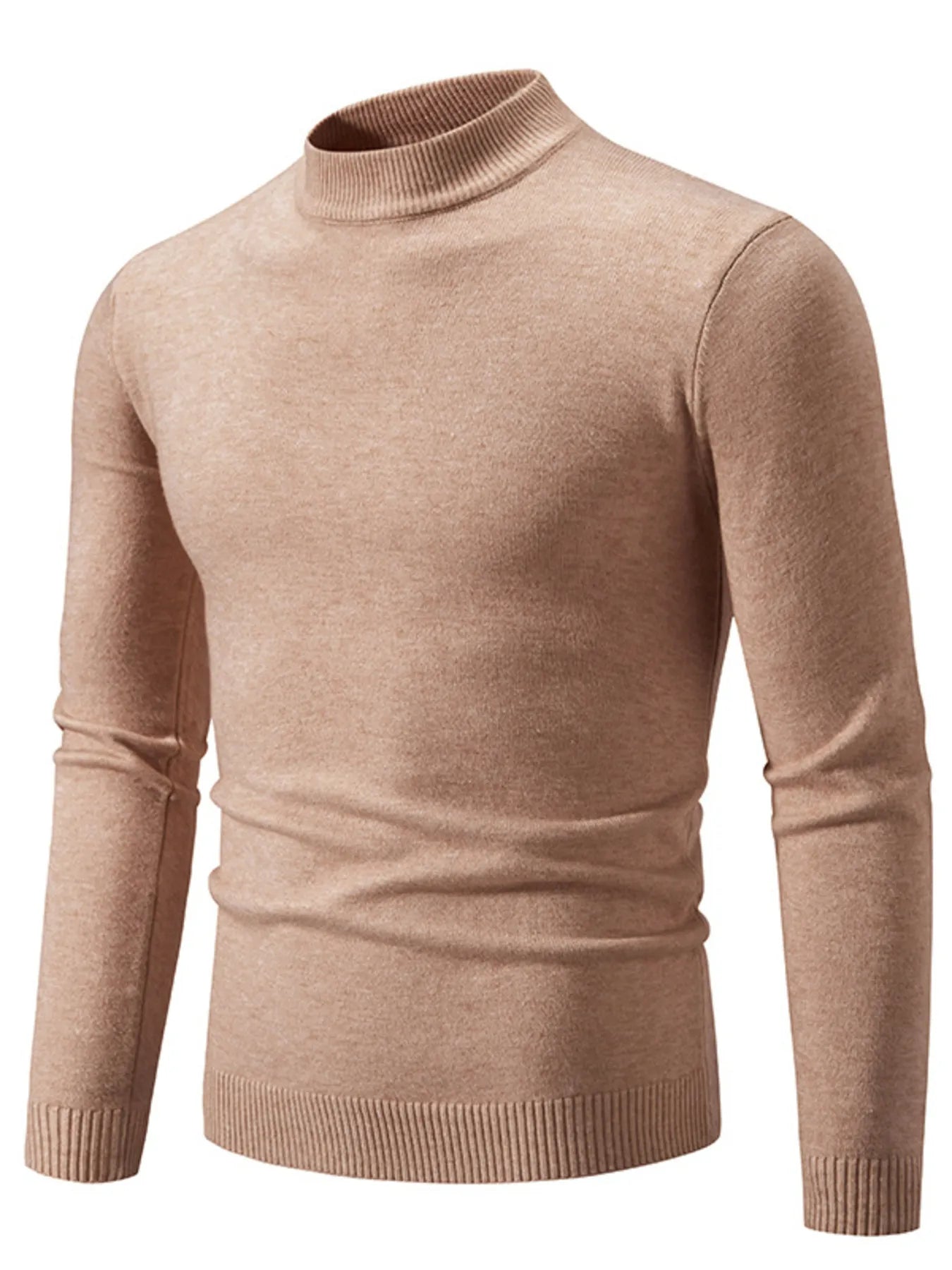 Beige mock neck long-sleeve sweater with ribbed hem and cuffs