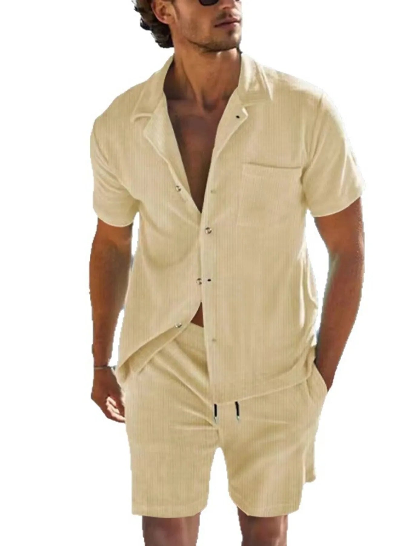 Men's tan short-sleeve button-front shirt and shorts set with drawstring hem