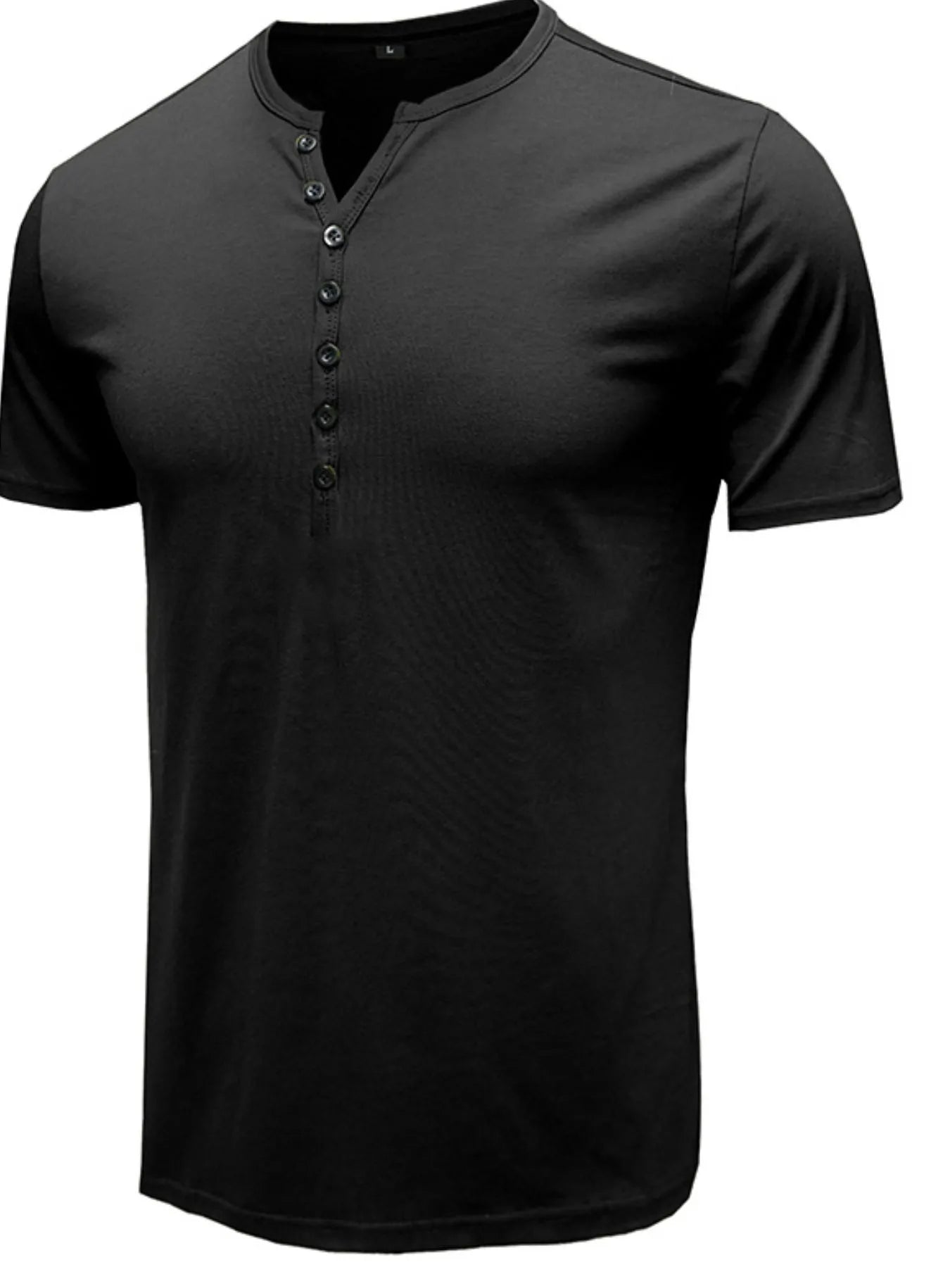 Black henley short-sleeve polo shirt with V-neck placket and dark button detail