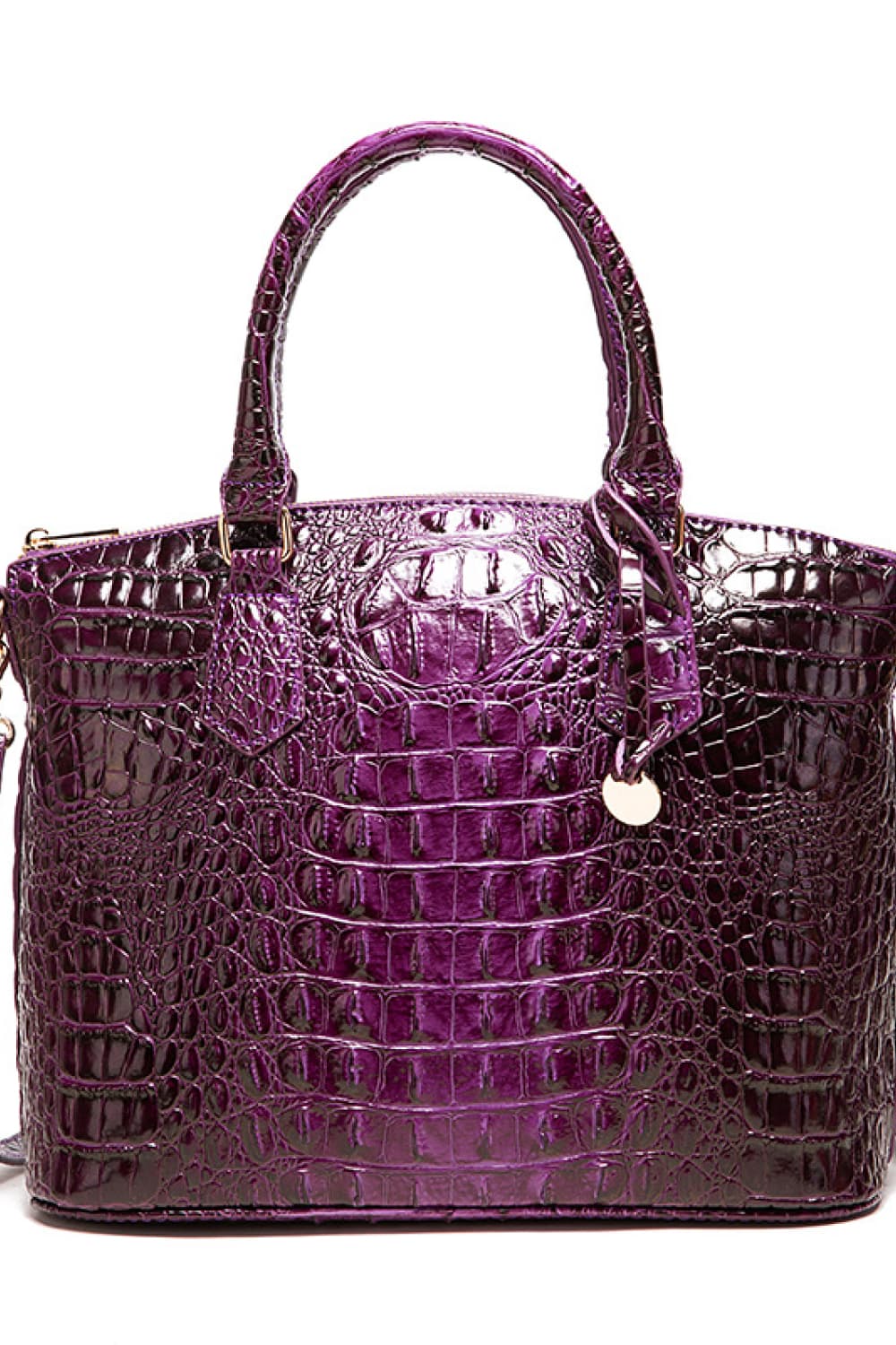 Deep purple croc-embossed vegan leather handbag with top handles and gold-tone hardware