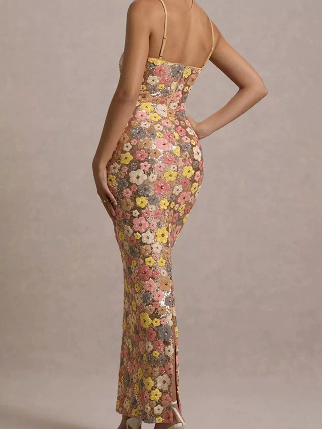 Cedar & Moore Trendsi floral sequin bodycon maxi dress with slit and back zipper, multicolor flowers