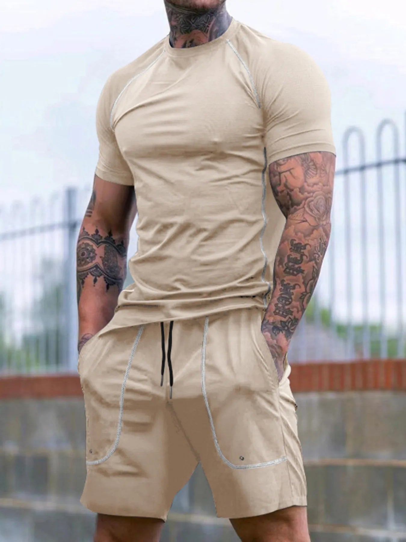 Men's t-shirt and shorts set in tan: crew-neck tee and drawstring shorts