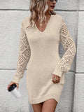 Beige knit sweater dress, V-neck, hollow-out lace sleeves