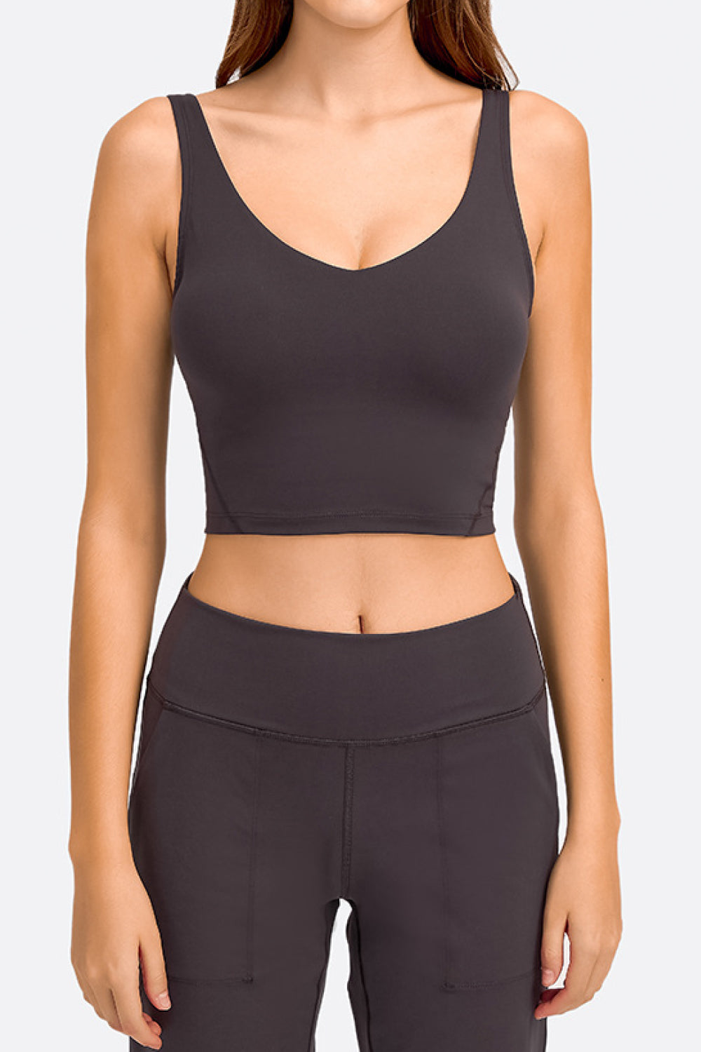 Dark gray deep V-neck crop sports bra with wide straps