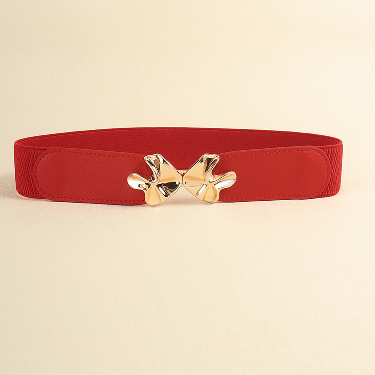 Red alloy buckle elastic belt with gold bow buckle centerpiece
