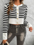 Black and white striped knit cardigan, round neck with button front, long sleeves