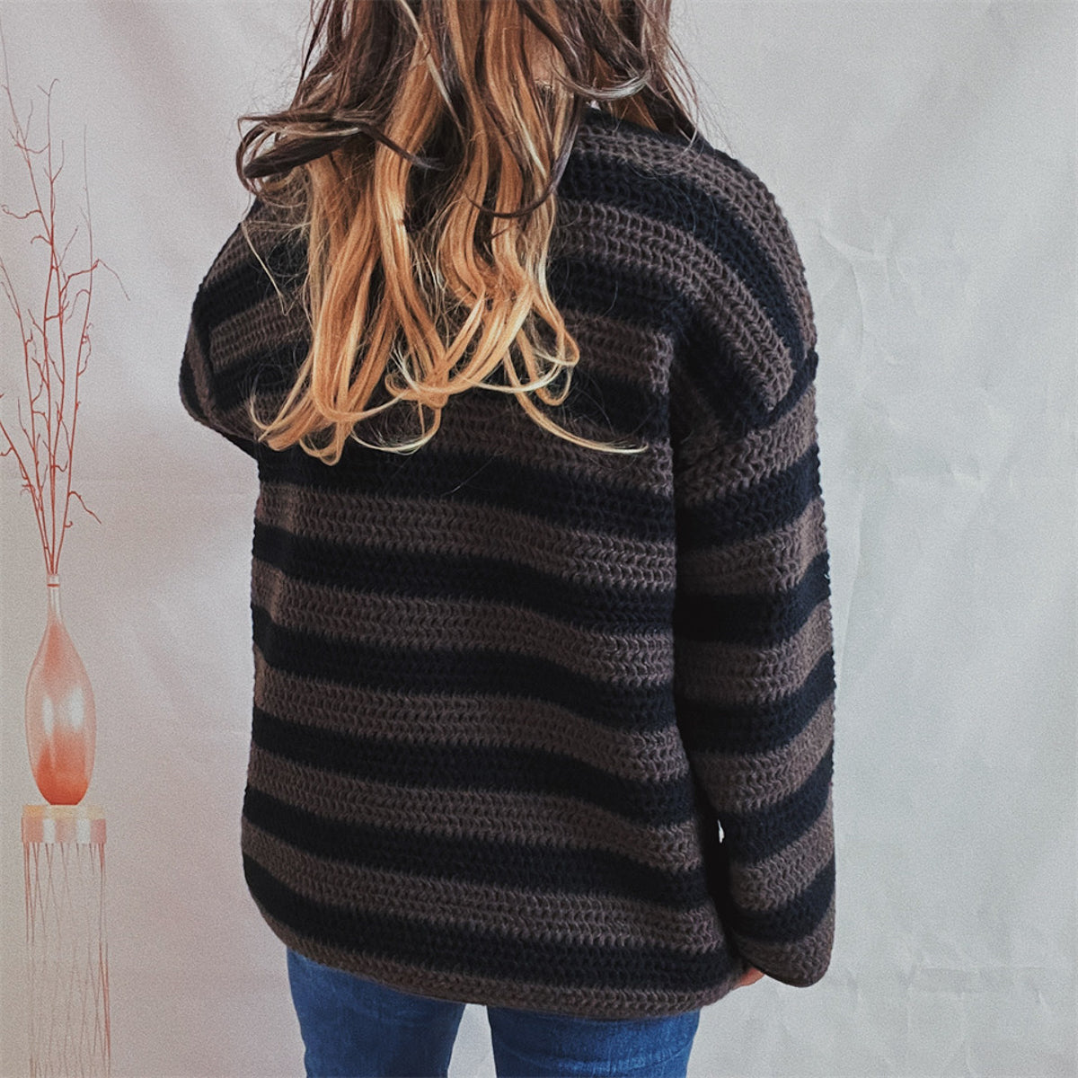 Striped long sleeve sweater, dark gray/black knit, crew neck, loose long sleeves