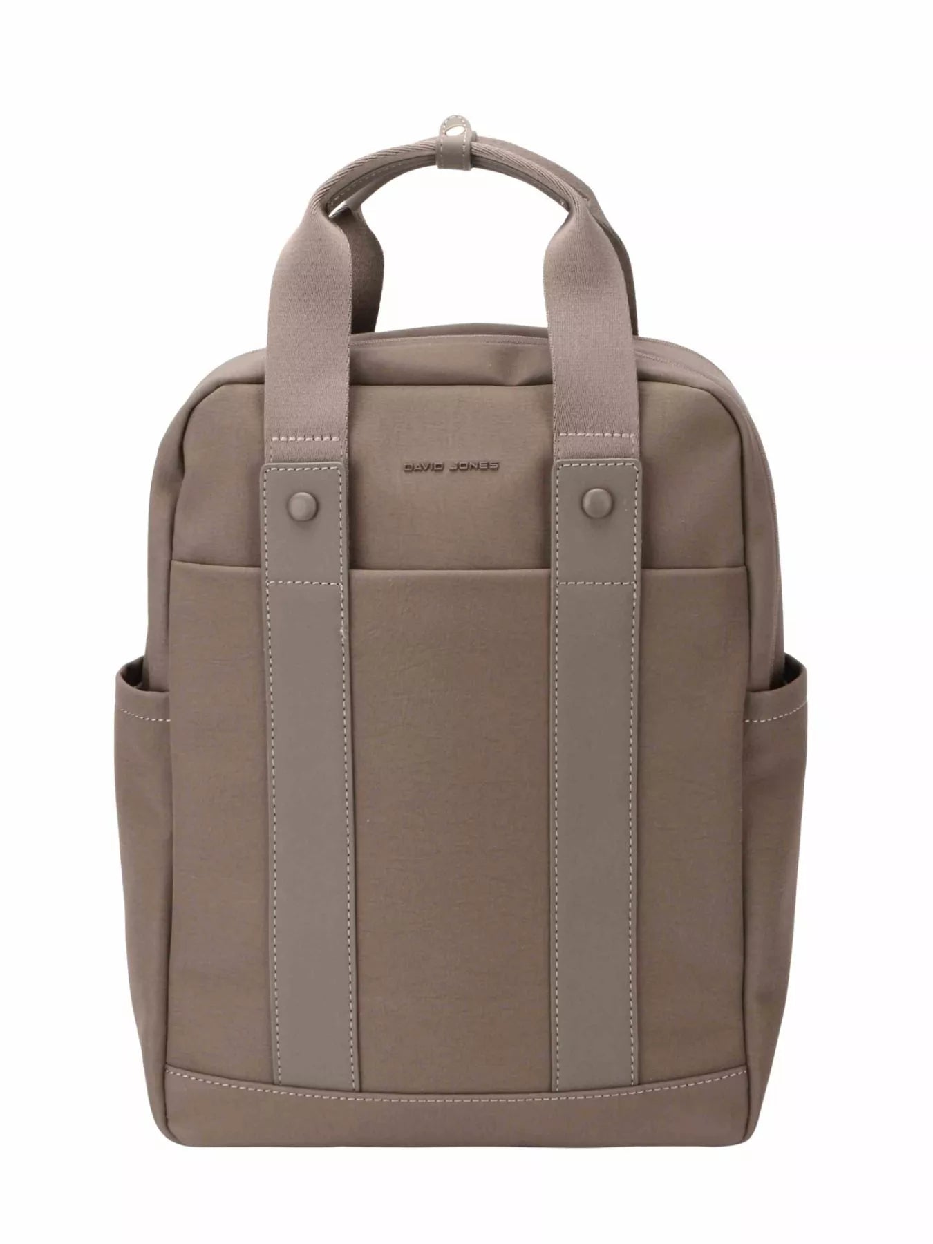 Canvas backpack bag with dual handles, taupe front panel and zip pocket