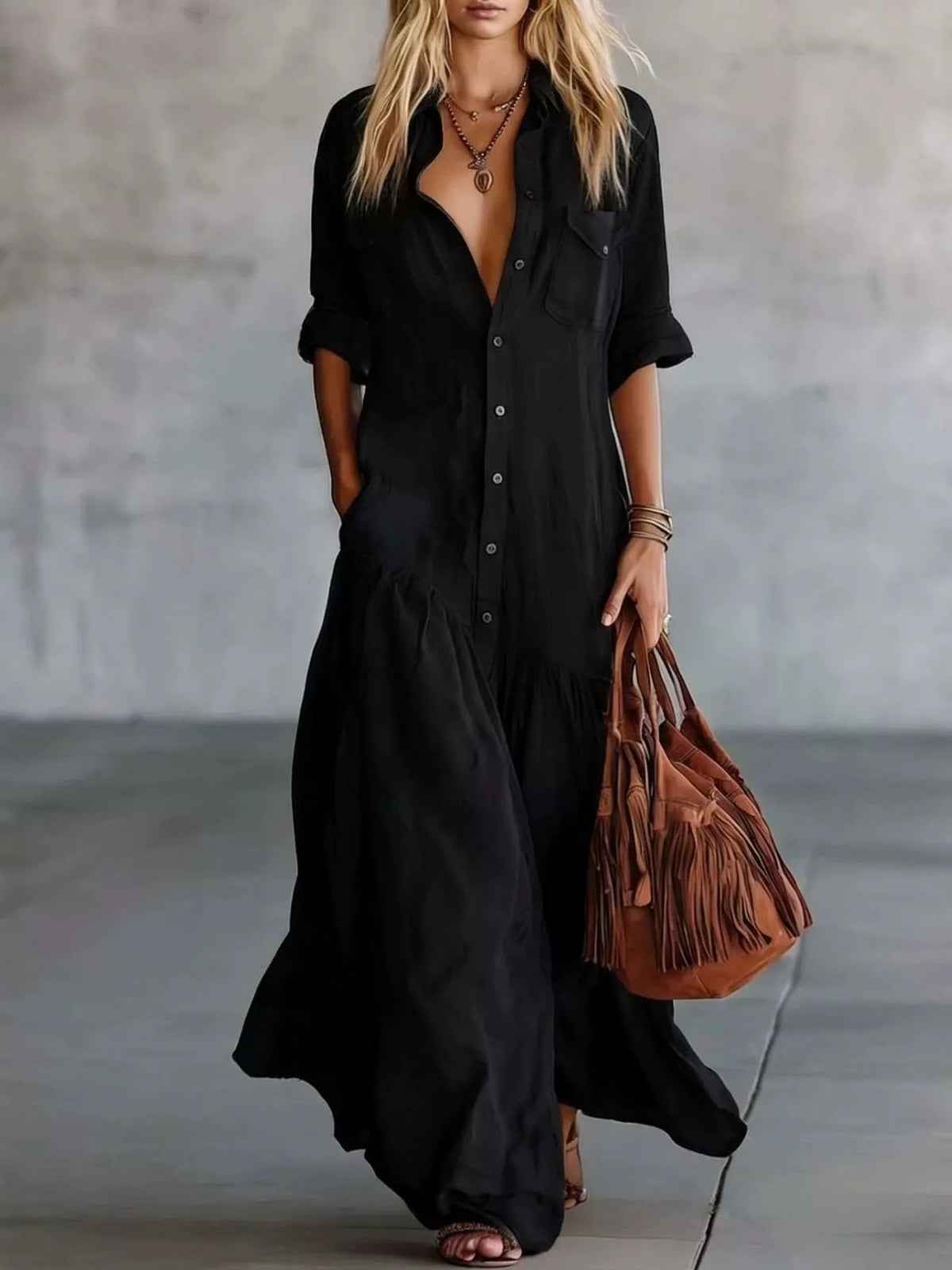 Black button-front maxi dress with short roll-up sleeves and patch pockets