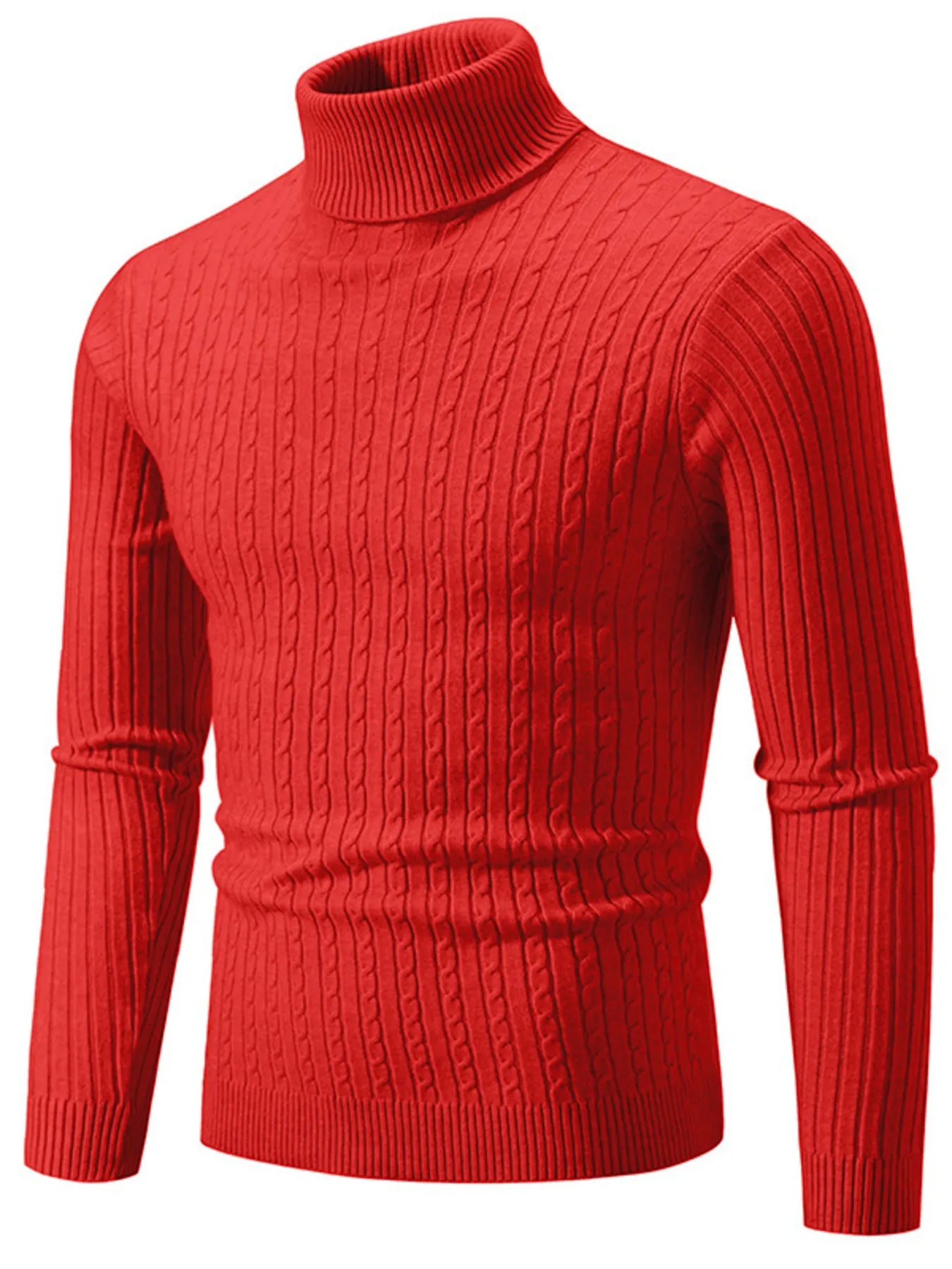 Red ribbed turtleneck long sleeve sweater with knit cable texture
