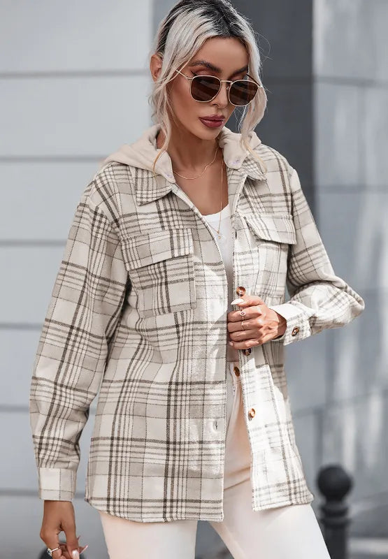 Plaid shacket with removable hood and button-front; long sleeves and chest flap pockets