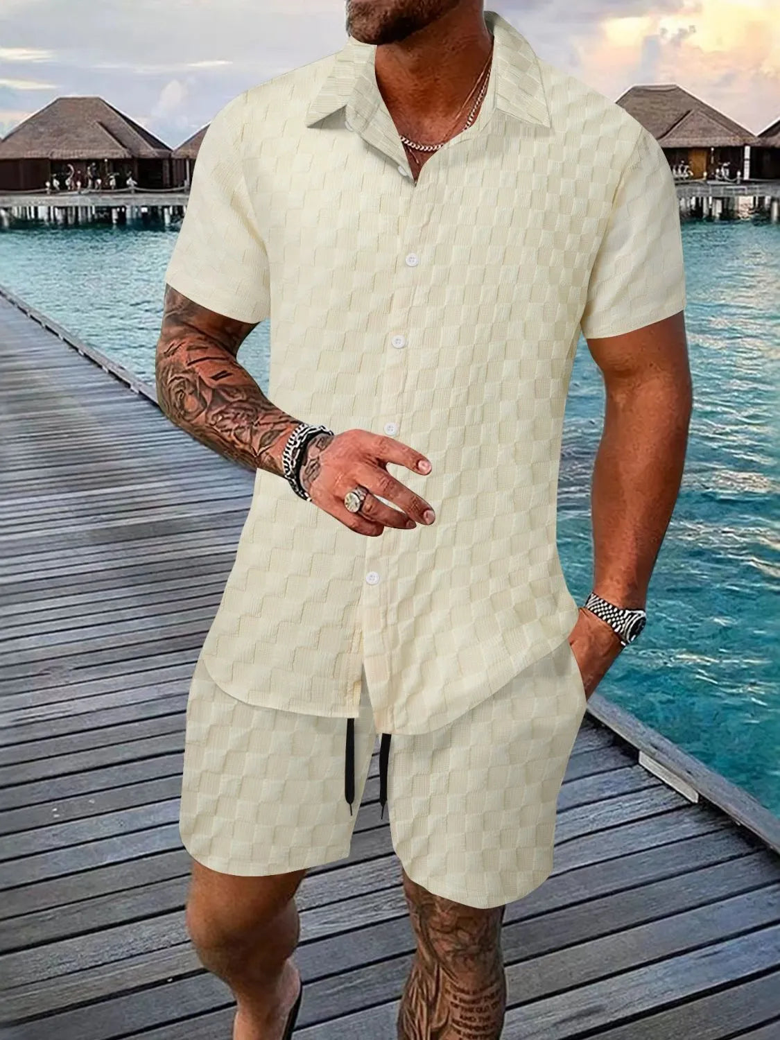 Beige textured collared short-sleeve shirt and matching shorts set with button front