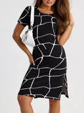 Black geometric print midi dress with short sleeves and side slit