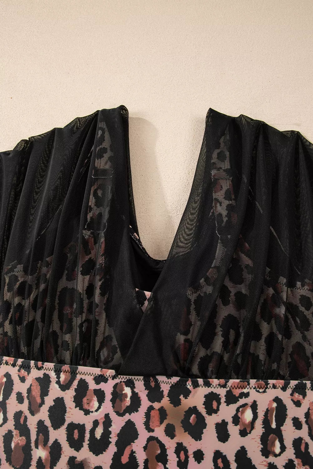 Black mesh V-neck swimsuit with leopard print ruffled overlay, half sleeves